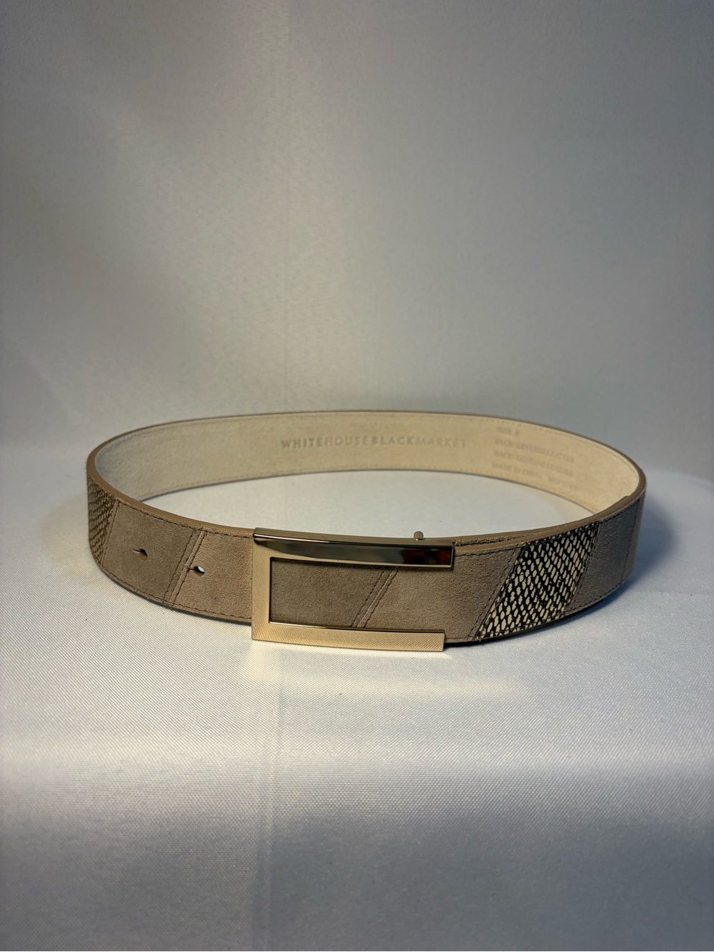 White House Black Market Taupe Belt with Snake-Trim and Gold-Tone Buckle
